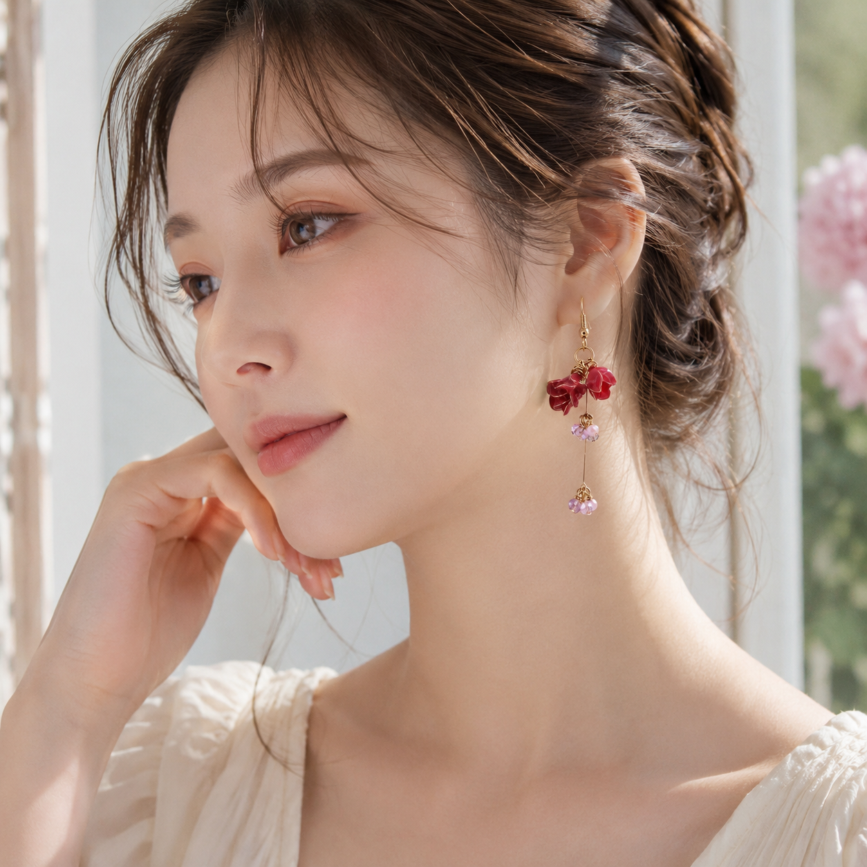 Handmade Resin Rose Dangle Earrings with Crystals - Cerisier Chic Crafts