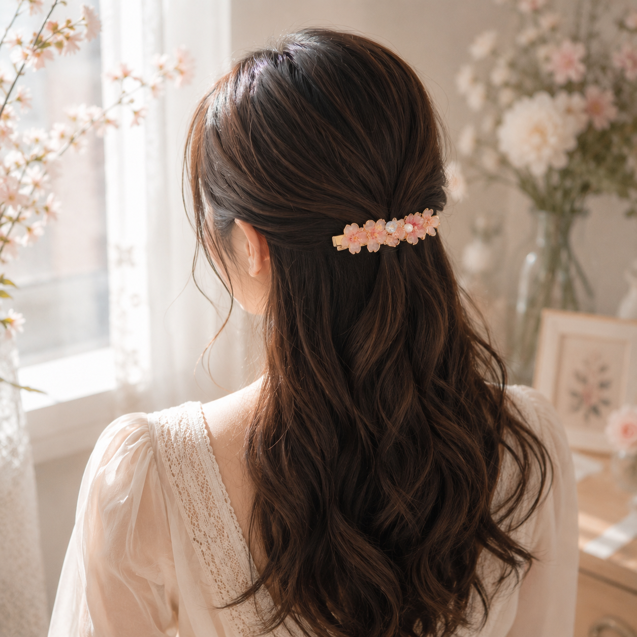 Handcrafted Sakura Resin Hair Clip - Cherry Blossom Gold Barrette | Cerisier Chic Crafts